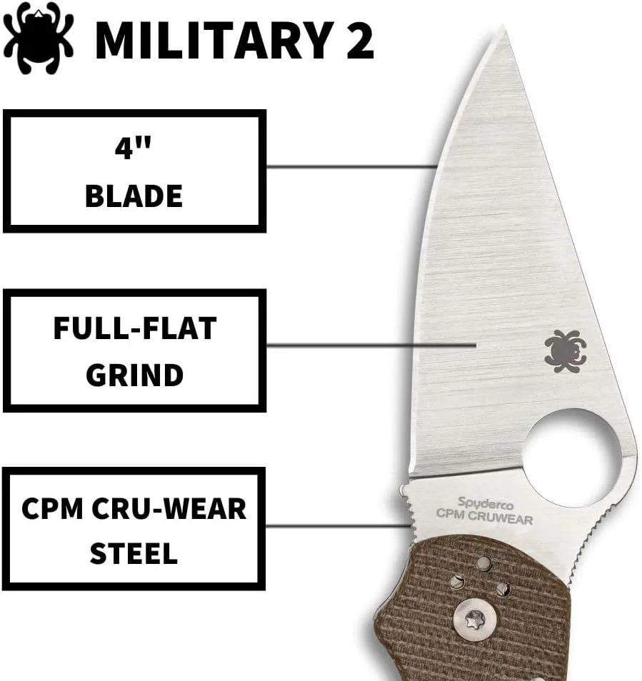 Spyderco Military 2 Folding Utility Pocket Knife - Ideal for Everyday Carry and Outdoor Adventures - G10 Handle, PlainEdge