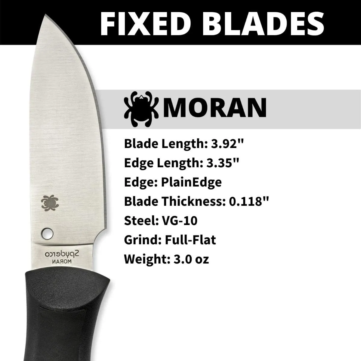 Spyderco Moran Drop Point Fixed Blade Knife with 3.92" VG-10 Stainless Steel Blade and Premium Custom-Molded Boltaron Sheath