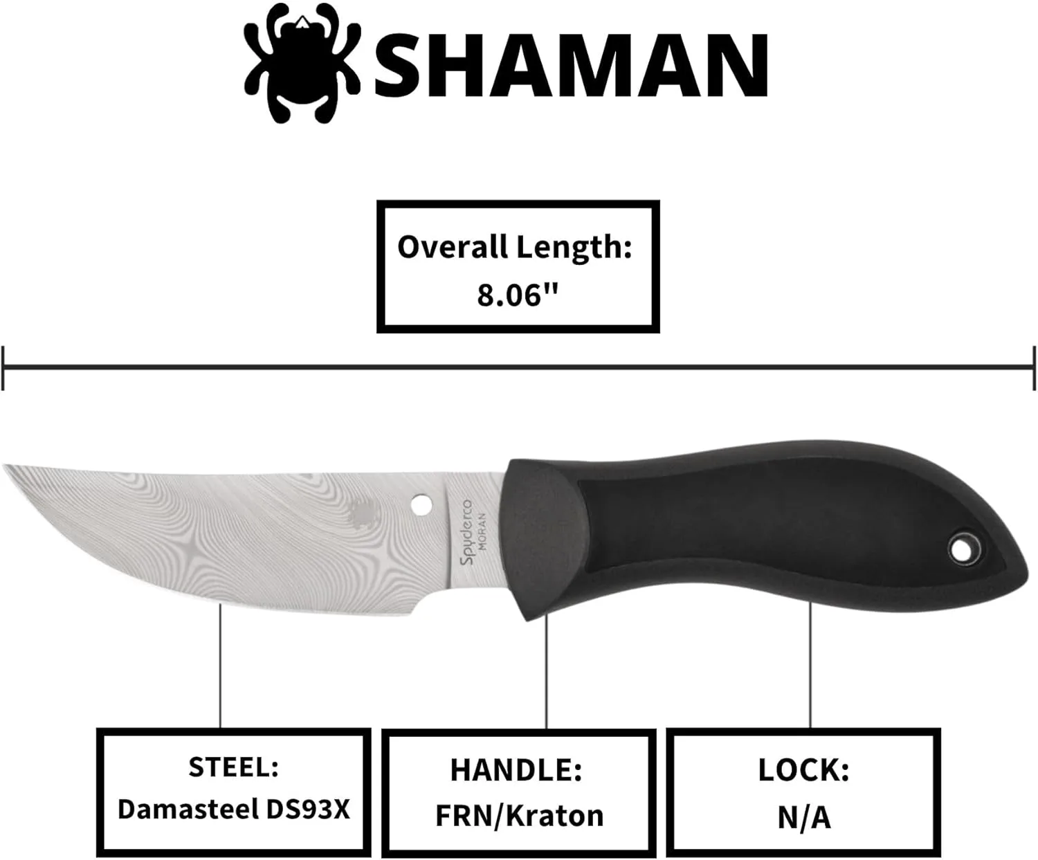 Spyderco Moran Upswept Gray Fixed Blade Knife - Damasteel DS93X with FRN/Kraton Handle, PlainEdge - FB01PGYD
