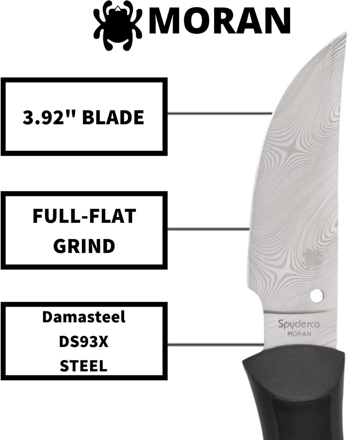 Spyderco Moran Upswept Gray Fixed Blade Knife - Damasteel DS93X with FRN/Kraton Handle, PlainEdge - FB01PGYD