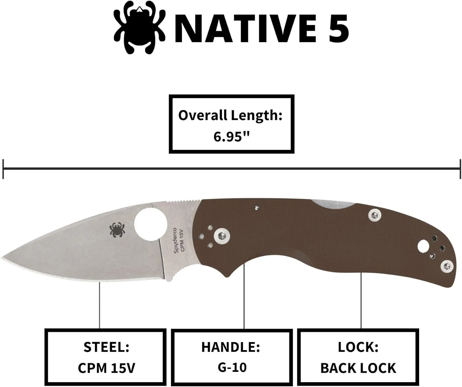 Spyderco Native 5 Folding Knife - CPM 15V Steel Blade with G-10 Handle, 2.95" Blade Length, Brown, PlainEdge - C41GPBN15V5