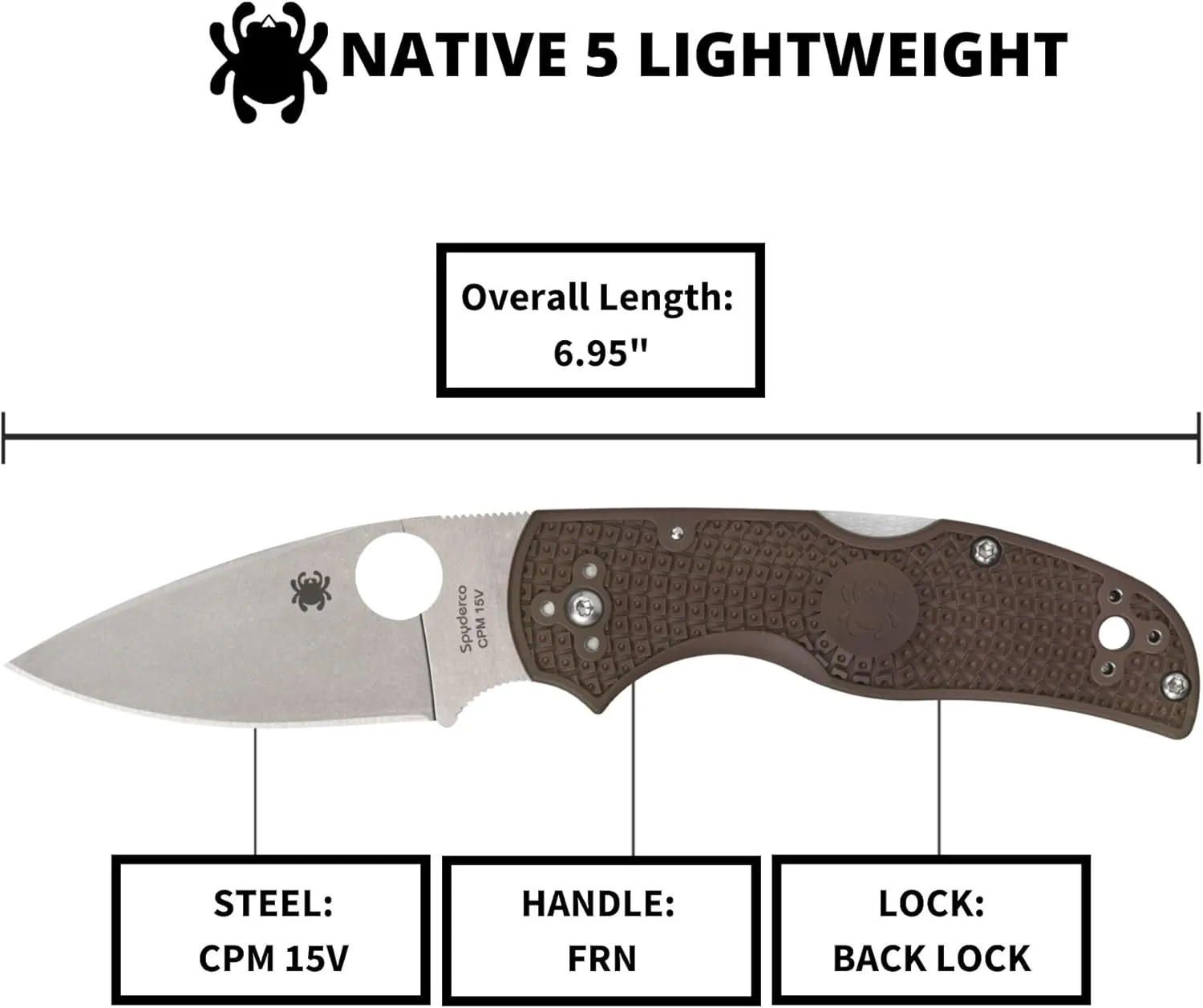 Spyderco Native5 Lightweight Folding Knife - CPM 15V Steel Blade with FRN Handle, 2.95" Blade Length, Brown