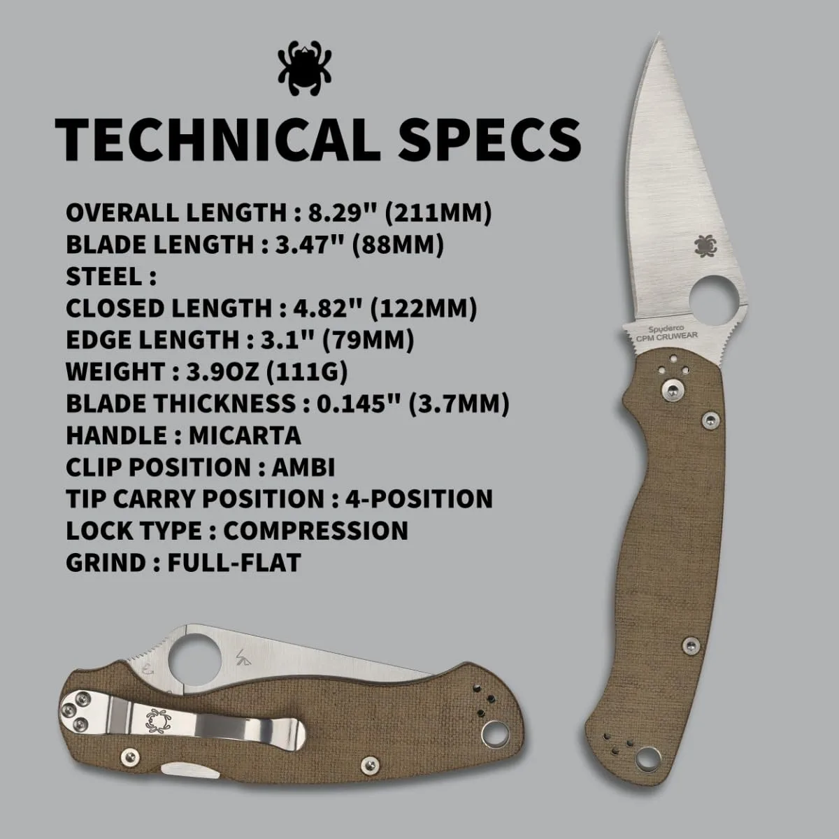 Spyderco Para Military 2 Signature Knife with 3.47" CPM Cru-Wear Steel Blade and Premium Micarta Handle - PlainEdge