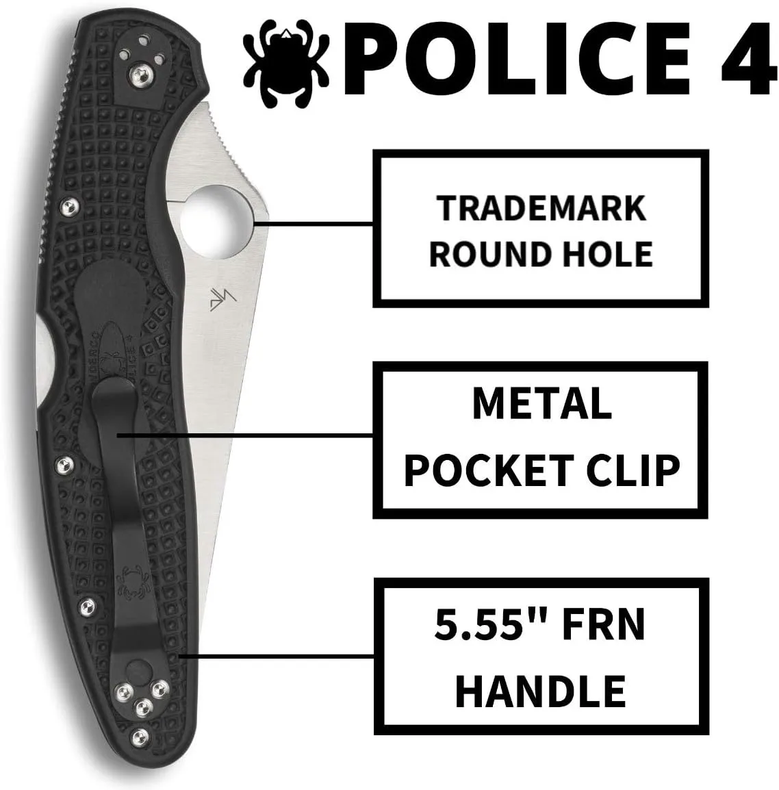 Spyderco Police 4 Lighweight Knife - Black FRN Handle with PlainEdge, Full-Flat, VG-10 Steel Blade and Back Lock - C07PBK4