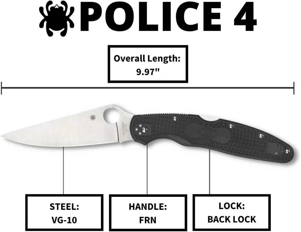 Spyderco Police 4 Lighweight Knife - Black FRN Handle with PlainEdge, Full-Flat, VG-10 Steel Blade and Back Lock - C07PBK4