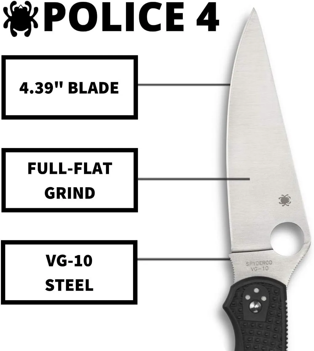 Spyderco Police 4 Lighweight Knife - Black FRN Handle with PlainEdge, Full-Flat, VG-10 Steel Blade and Back Lock - C07PBK4
