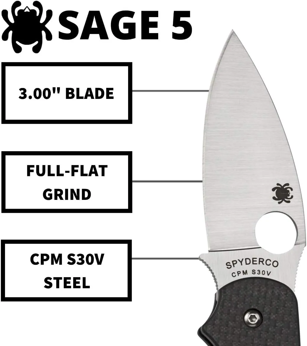 Spyderco Sage 5 Alzheimers Folding Knife - Black Carbon Fiber Laminate Handle, PlainEdge, Full-Flat Grind