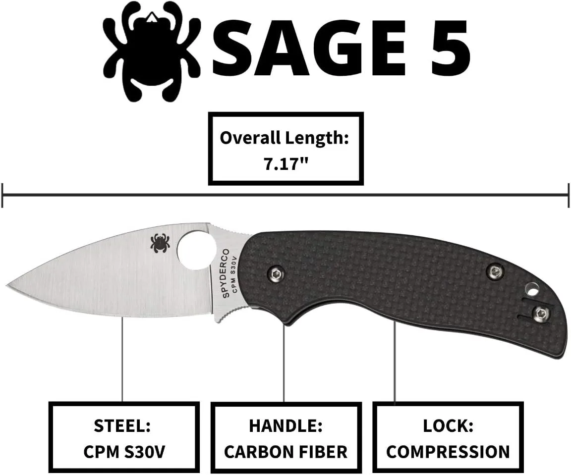 Spyderco Sage 5 Alzheimers Folding Knife - Black Carbon Fiber Laminate Handle, PlainEdge, Full-Flat Grind