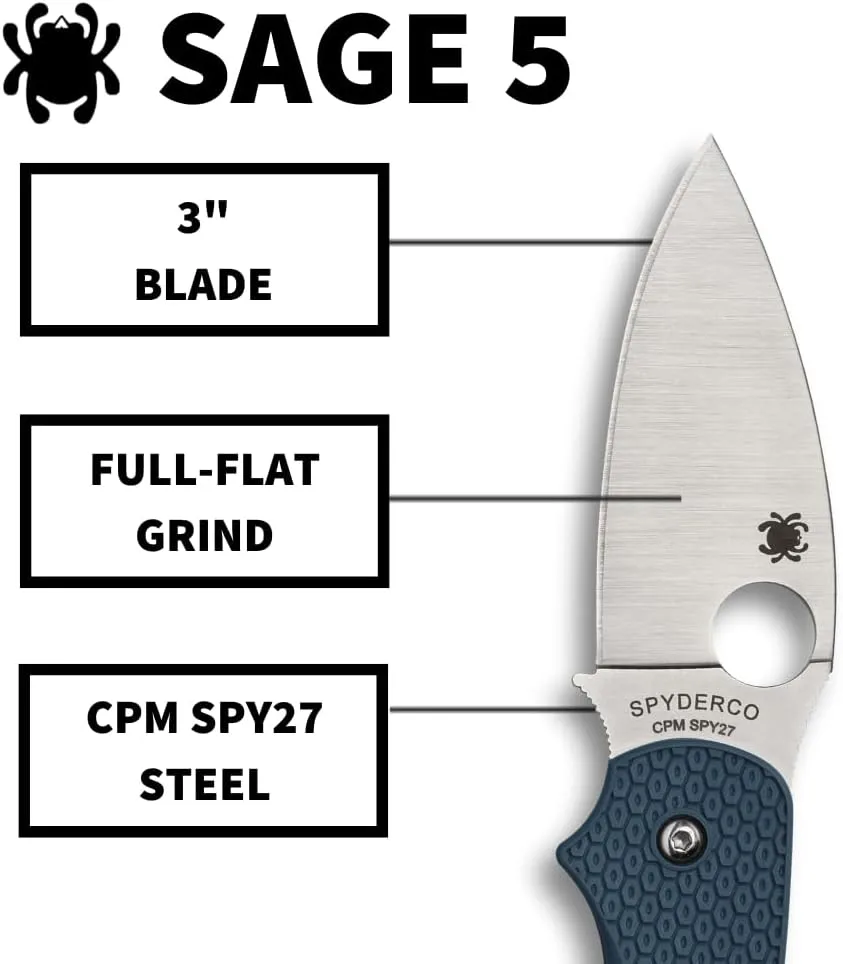 Spyderco Sage 5 Lightweight Folding Pocket Knife with 3 Inch CPM SPY27 Steel Blade and Cobalt Blue FRN Handle - PlainEdge