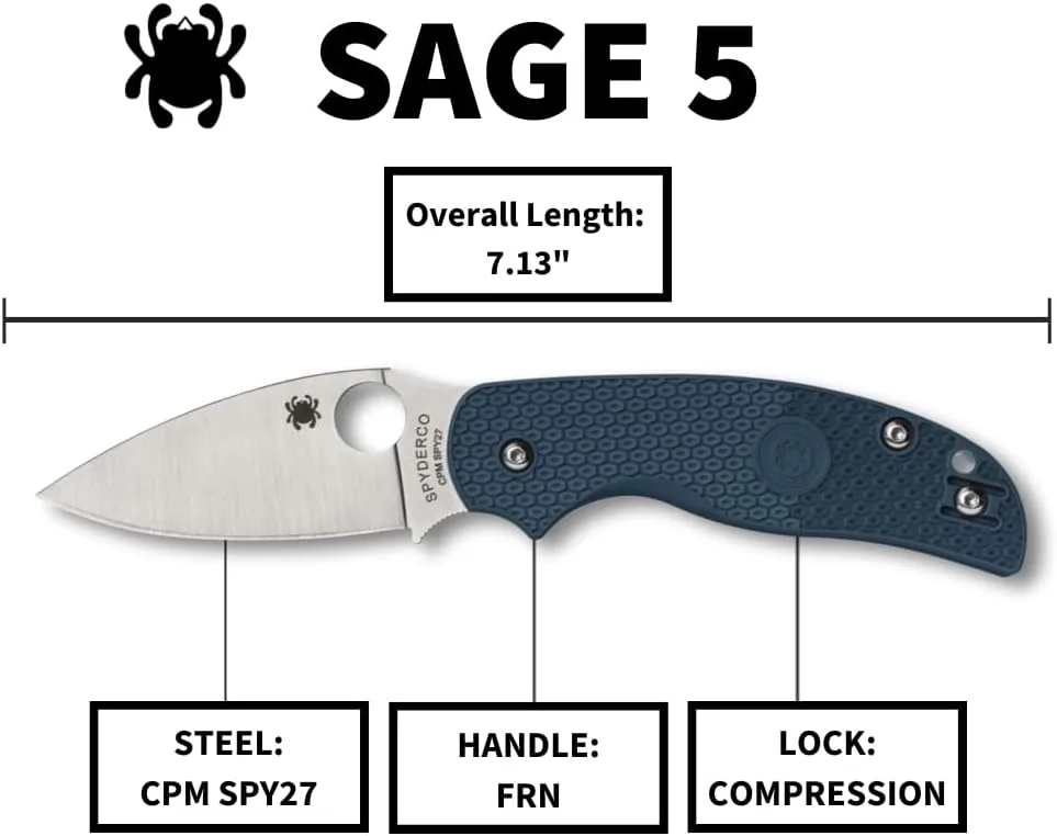 Spyderco Sage 5 Lightweight Folding Pocket Knife with 3 Inch CPM SPY27 Steel Blade and Cobalt Blue FRN Handle - PlainEdge