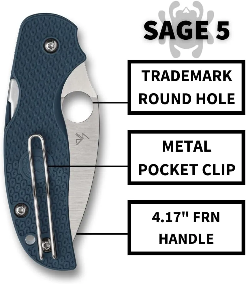 Spyderco Sage 5 Lightweight Folding Pocket Knife with 3 Inch CPM SPY27 Steel Blade and Cobalt Blue FRN Handle - PlainEdge
