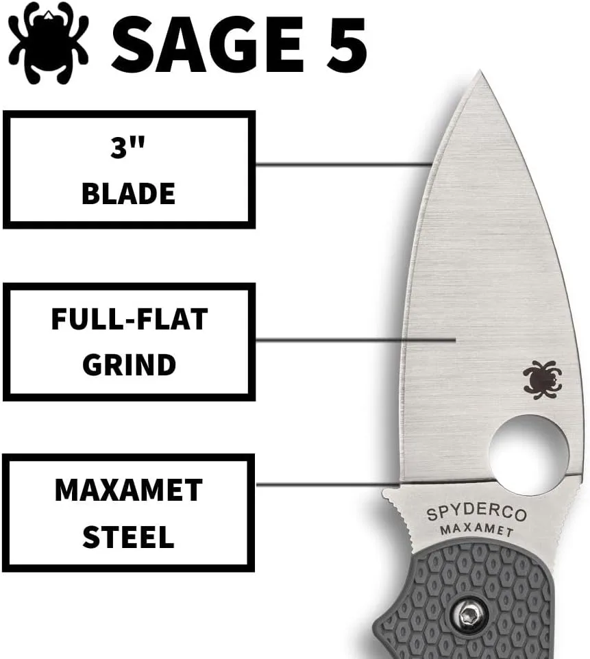 Spyderco Sage 5 Lightweight Maxamet Folding Utility Pocket Knife with Black FRN Handle and Full-Flat Maxamet Steel Blade