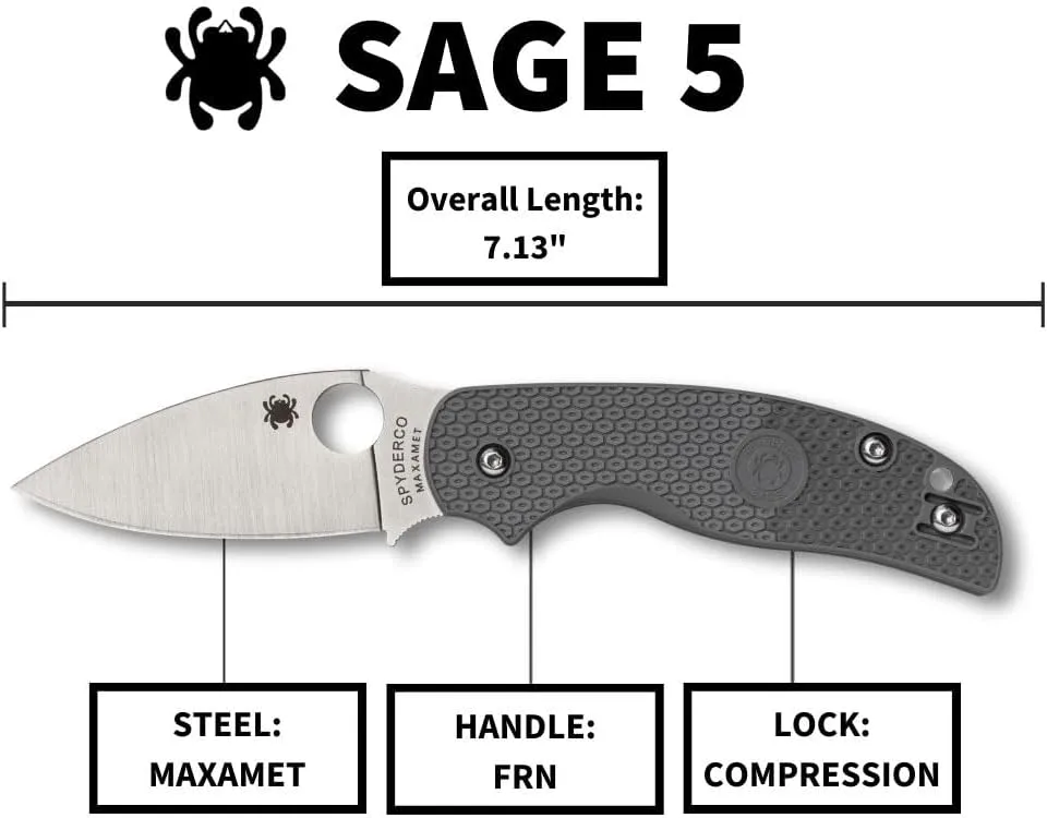 Spyderco Sage 5 Lightweight Maxamet Folding Utility Pocket Knife with Black FRN Handle and Full-Flat Maxamet Steel Blade