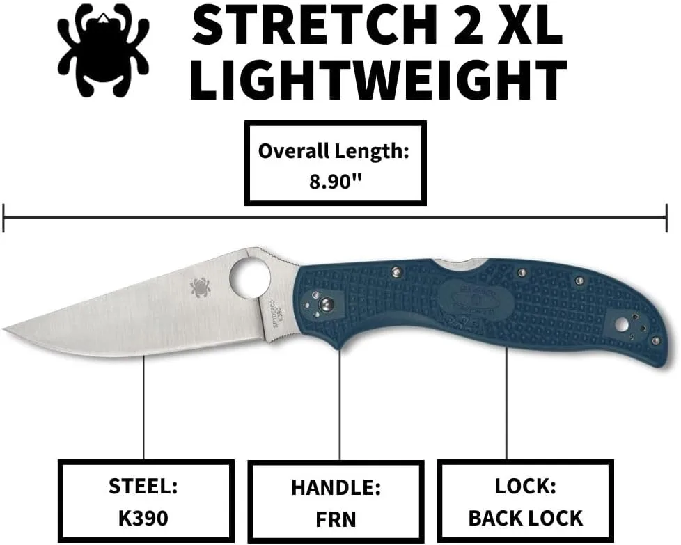 Spyderco Stretch 2 XL Lightweight Folding Pocket Knife with K390 Stainless Steel Blade and Blue FRN Handle - PlainEdge