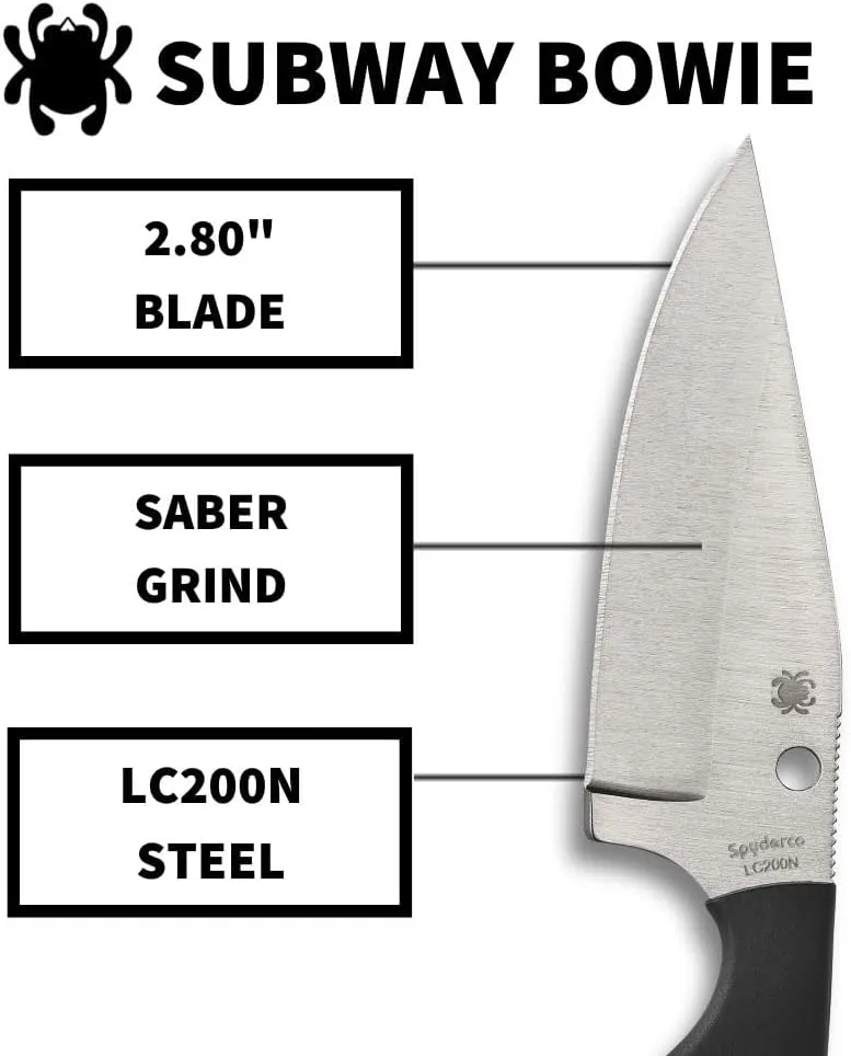 Spyderco Subway Bowie Fixed Blade Knife with Ultra-Corrosion Resistant LC200N Blade and FRN Handle