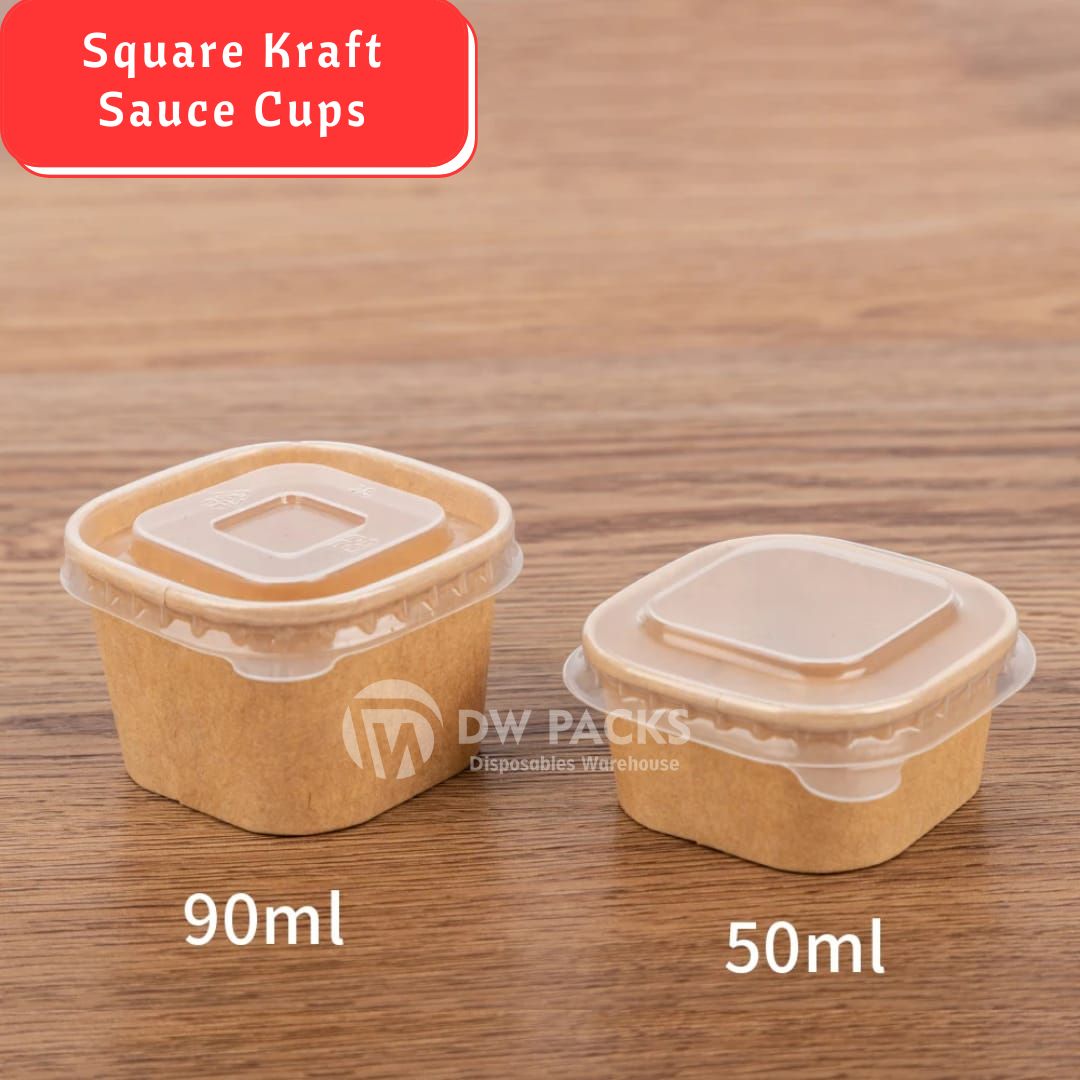 SQUARE KRAFT SAUCE CUPS WITH CLEAR LID (50ML/90ML)