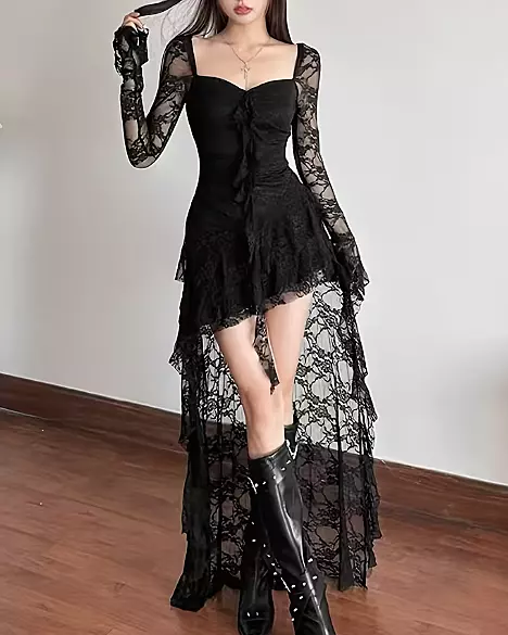 Square Neck Gothic Lace Asymmetrical Dress Black
