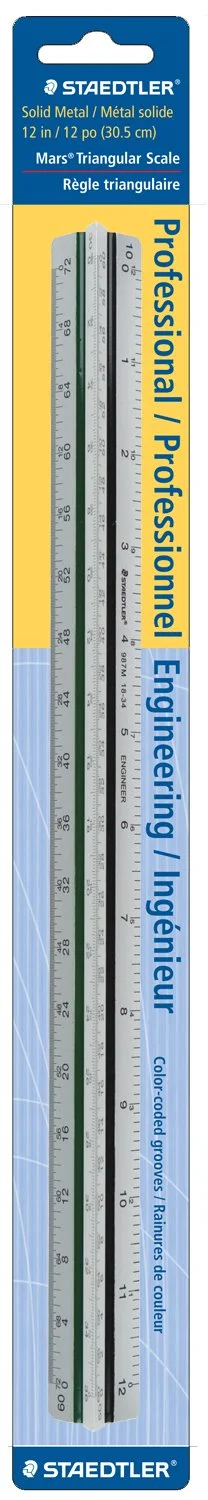 STAEDTLER Engineer Aluminum Triangular Scale, 12in Metal Ruler with Color-Coded Grooves, Weather-Resistant, 6 Scales (10-60 Parts per Inch)