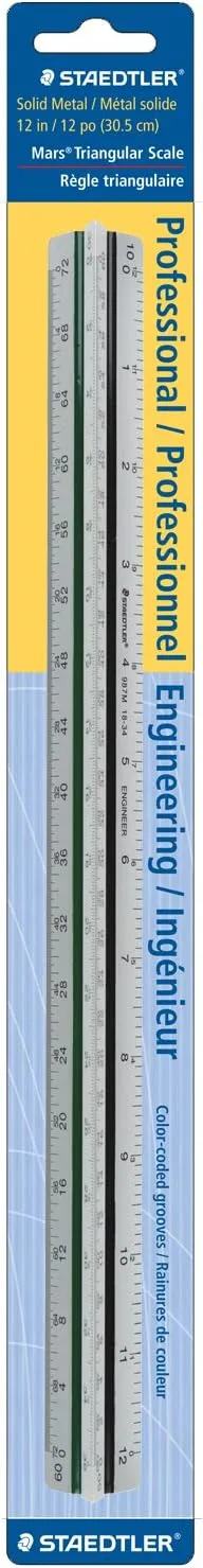 STAEDTLER Engineer Aluminum Triangular Scale, 12in Metal Ruler with Color-Coded Grooves, Weather-Resistant, 6 Scales (10-60 Parts per Inch)