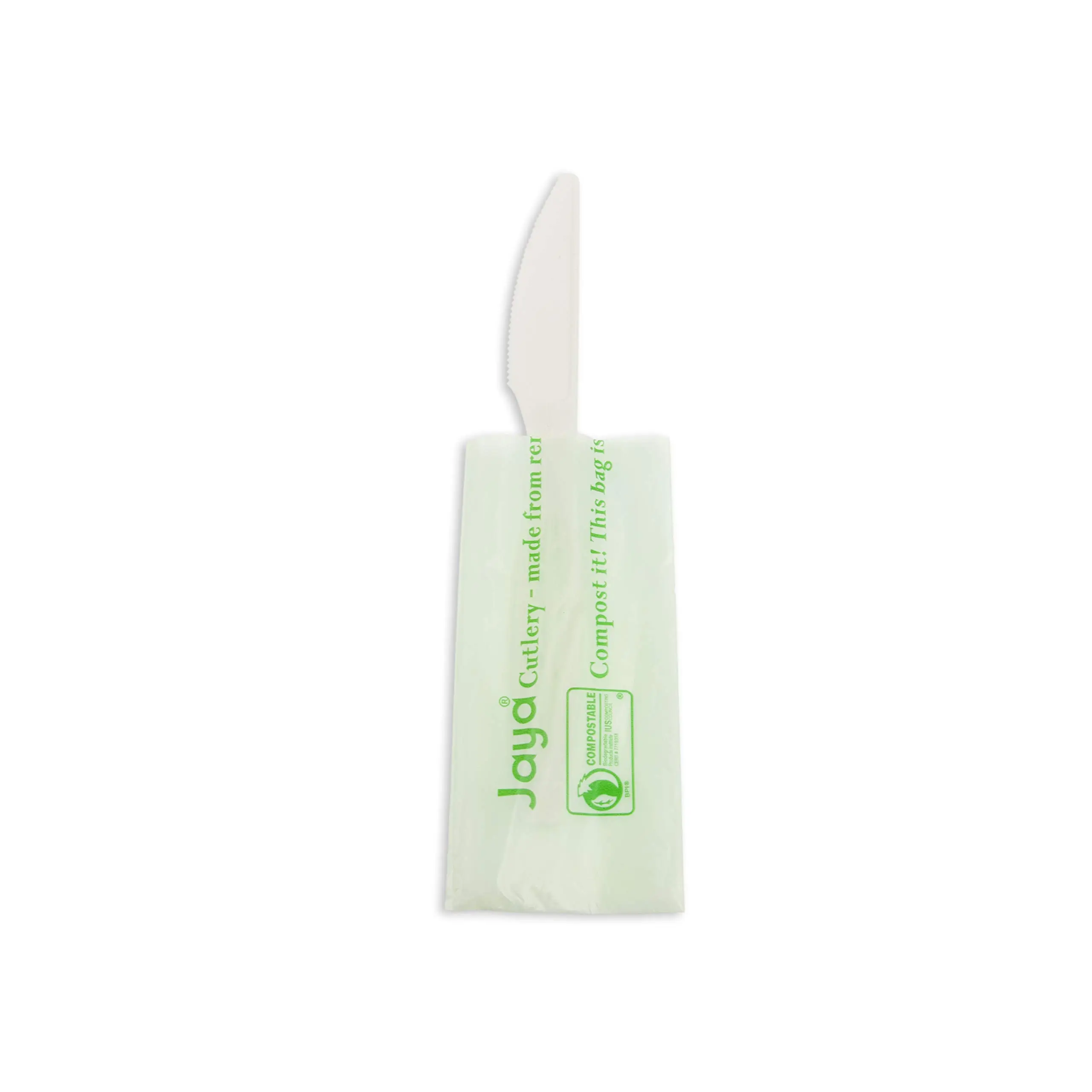 Jaya 100% Compostable 6.5" Heavy Duty Cutlery, Indv. Wrapped Knife, White, 750-Count Case