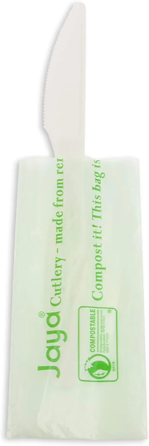 Jaya 100% Compostable 6.5" Heavy Duty Cutlery, Indv. Wrapped Knife, White, 750-Count Case