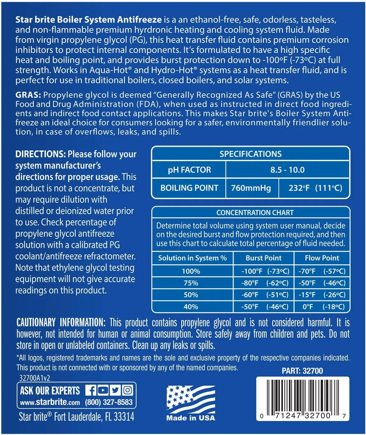 STAR BRITE Premium -100° Boiler System Antifreeze - Propylene Glycol Heating & Cooling Fluid - Made in USA - 1 Gallon (032700)