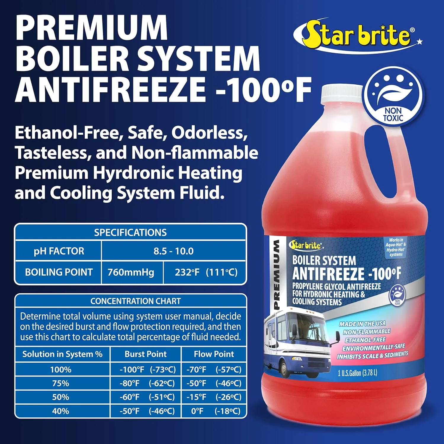 STAR BRITE Premium -100° Boiler System Antifreeze - Propylene Glycol Heating & Cooling Fluid - Made in USA - 1 Gallon (032700)