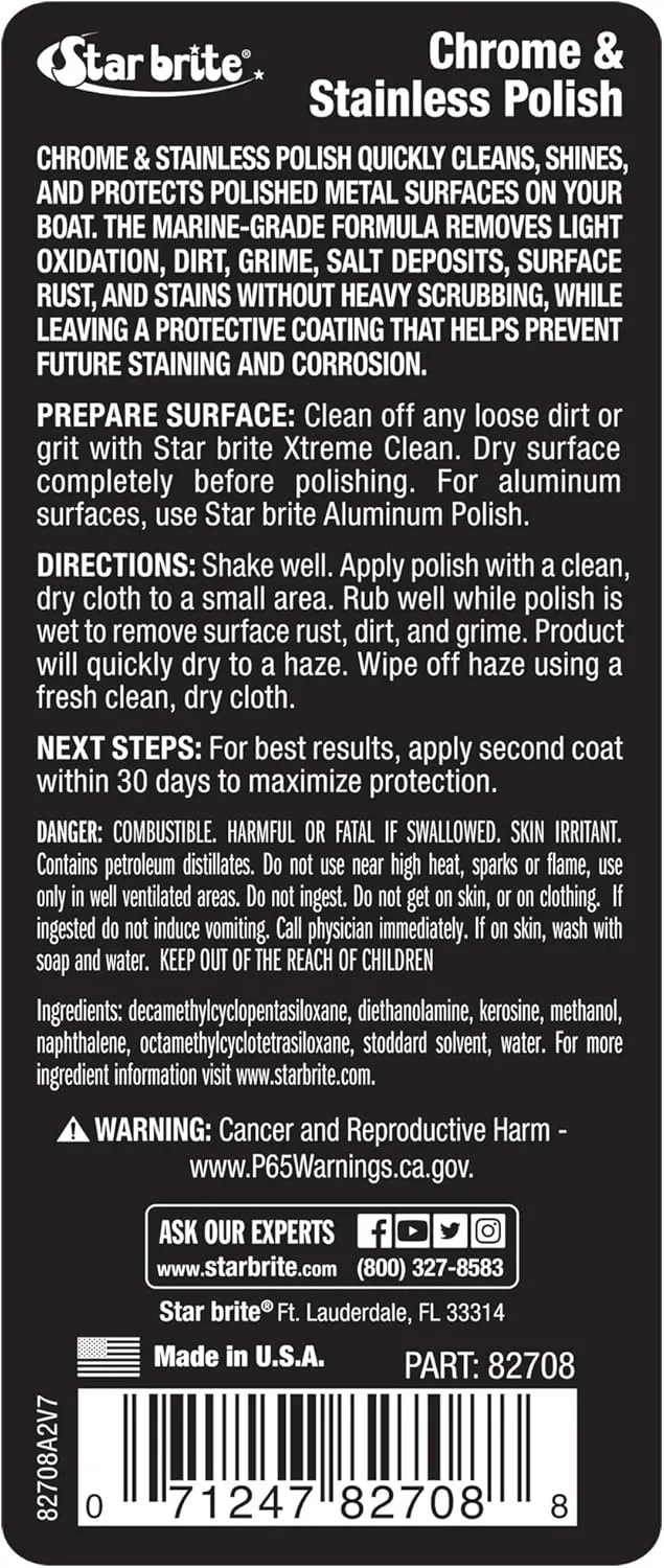 STAR BRITE Chrome & Stainless Polish - Marine Grade Formula Protects Against Pitting, Salt Deposits, Staining & Rust on Chrome, Stainless Steel, Copper, Tin & Brass (082708) 8 Fl Oz (Pack of 1)