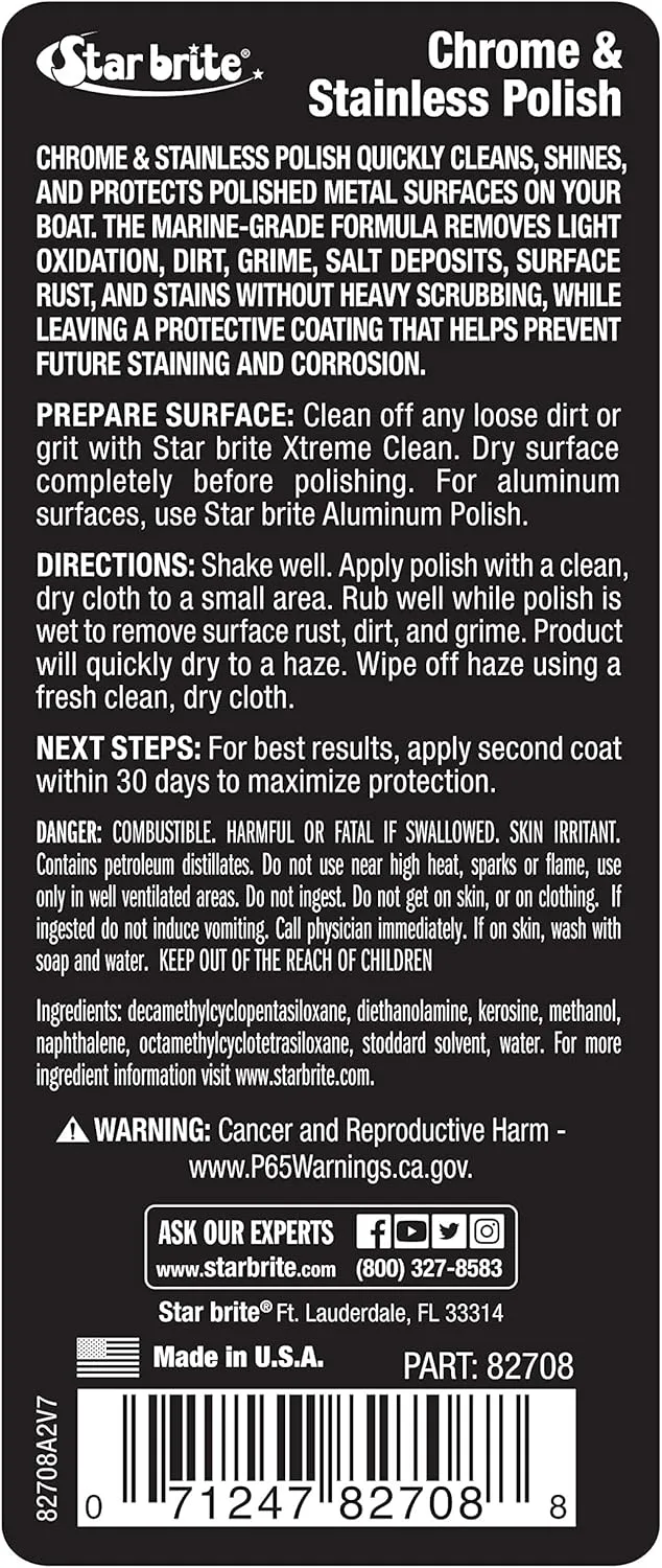 STAR BRITE Chrome & Stainless Polish - Marine Grade Formula Protects Against Pitting, Salt Deposits, Staining & Rust on Chrome, Stainless Steel, Copper, Tin & Brass (082708) 8 Fl Oz (Pack of 1)