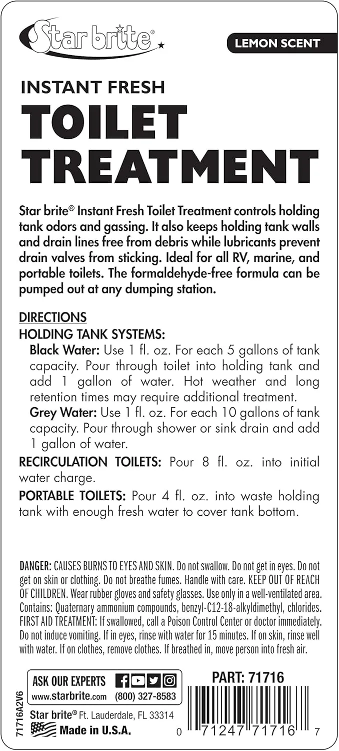 STAR BRITE Instant Fresh Toilet Treatment Concentrate - Eliminates & Prevents Holding Tank Odors - Biodegradable Lemon Scent - 16 OZ (071716) Multicolor 16 Fl Oz (Pack of 1)