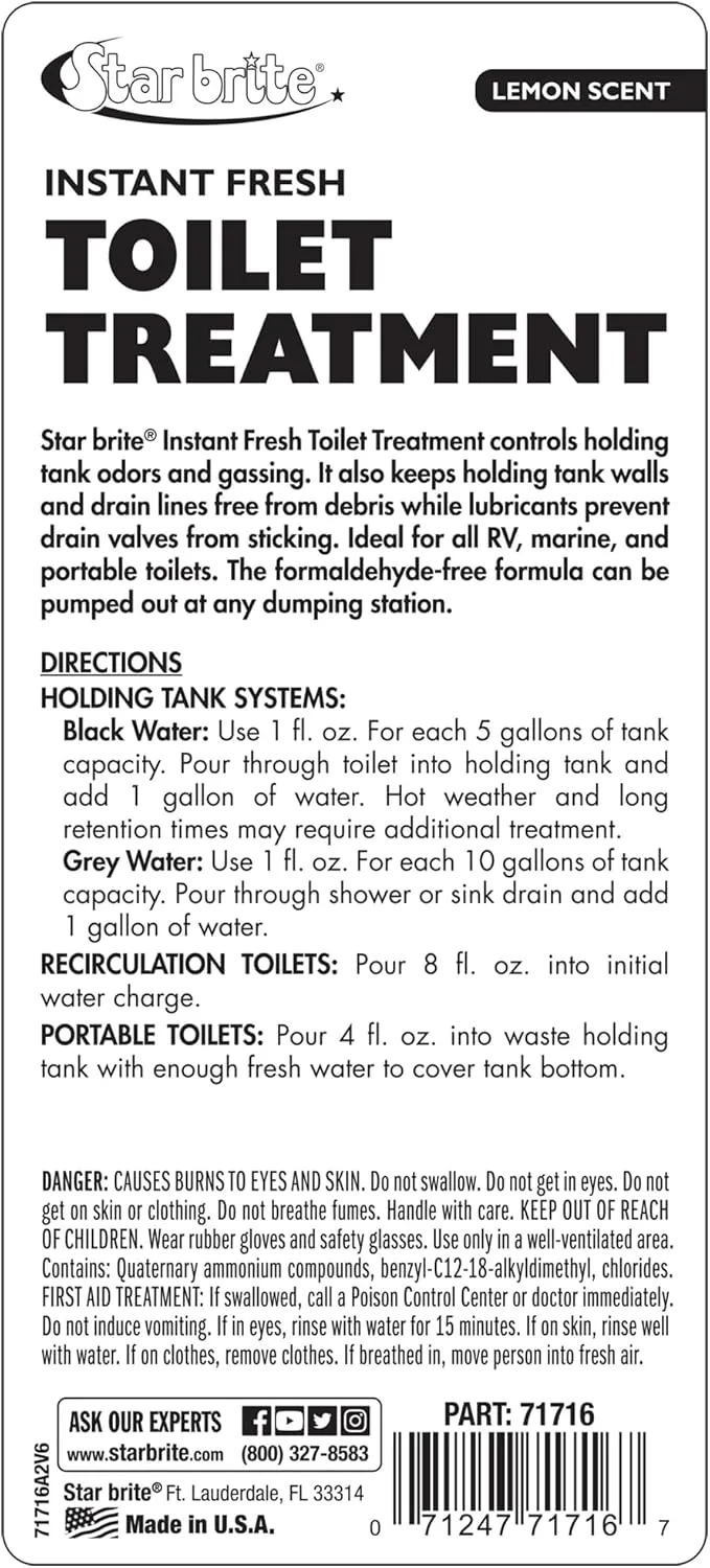 STAR BRITE Instant Fresh Toilet Treatment Concentrate - Eliminates & Prevents Holding Tank Odors - Biodegradable Lemon Scent - 16 OZ (071716) Multicolor 16 Fl Oz (Pack of 1)