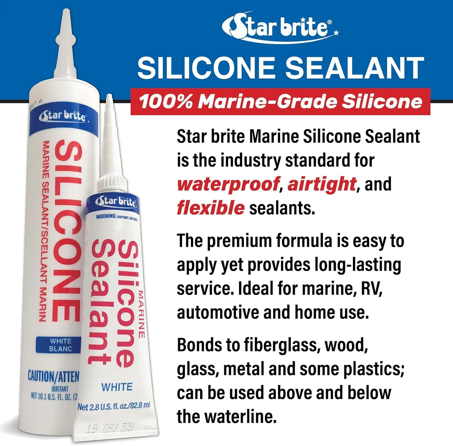 STAR BRITE Marine Silicone Sealant - Waterproof, Durable, UV Resistant, for Fiberglass, Metal, Wood, Glass, Ceramic & More