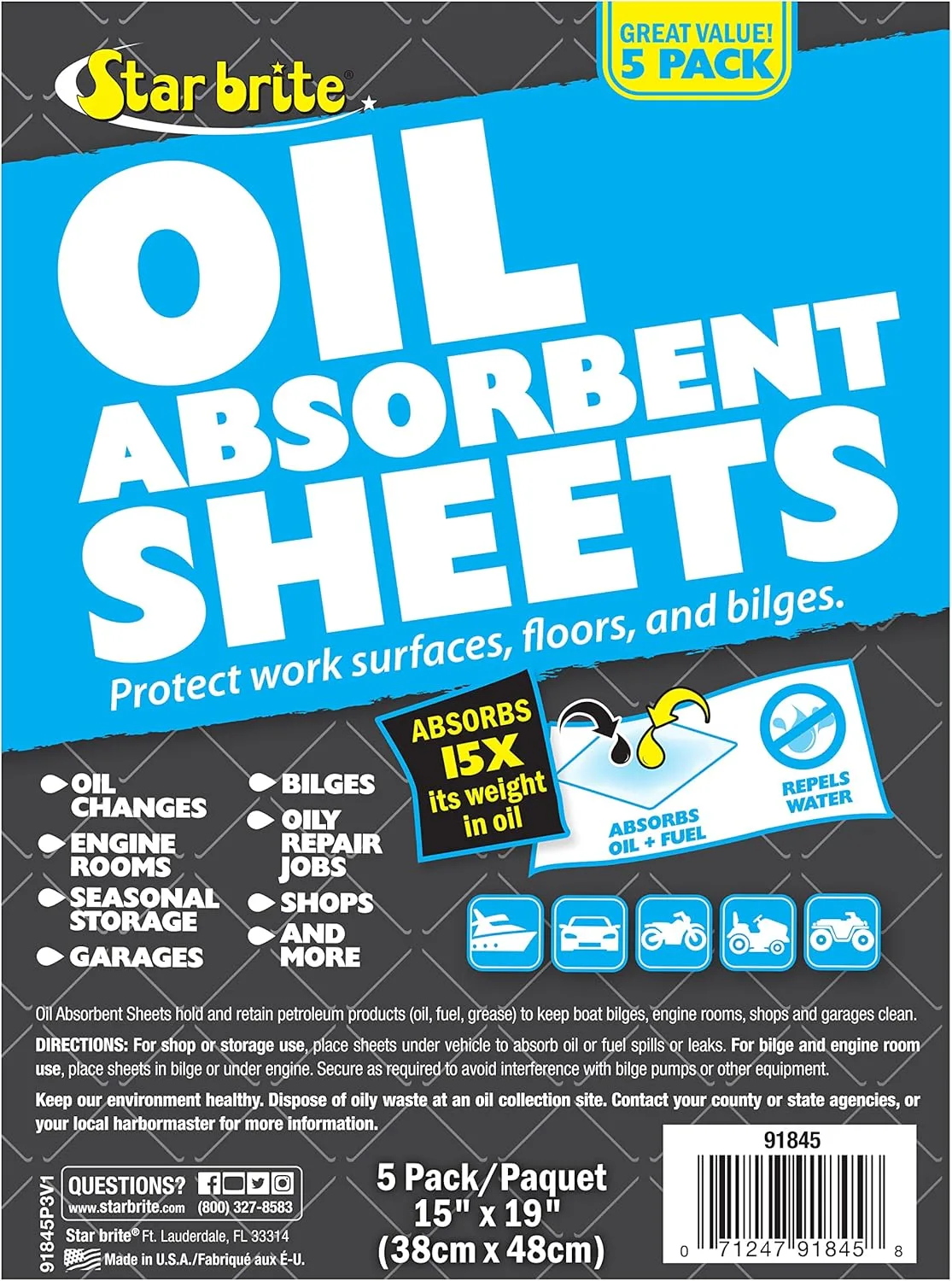 STAR BRITE High-Efficiency Oil Absorbent Sheets - 15 x 19 in, 5-Pack