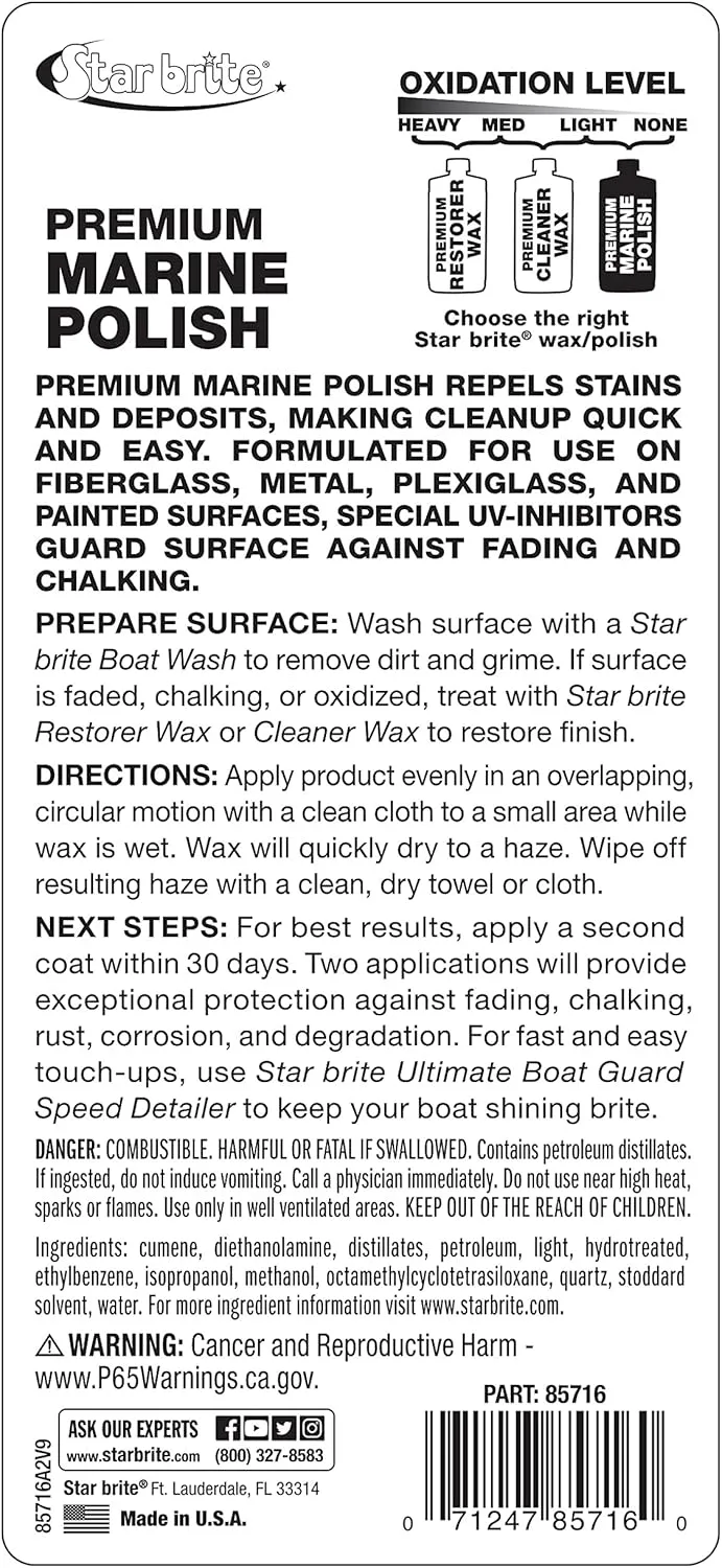 STAR BRITE Premium Marine Polish - Maximum UV Protection & High Gloss Finish - UV Inhibitors Stop Fading, Chalking & Oxidation While Repelling Water, Stains & Marine Deposits 16 Ounce