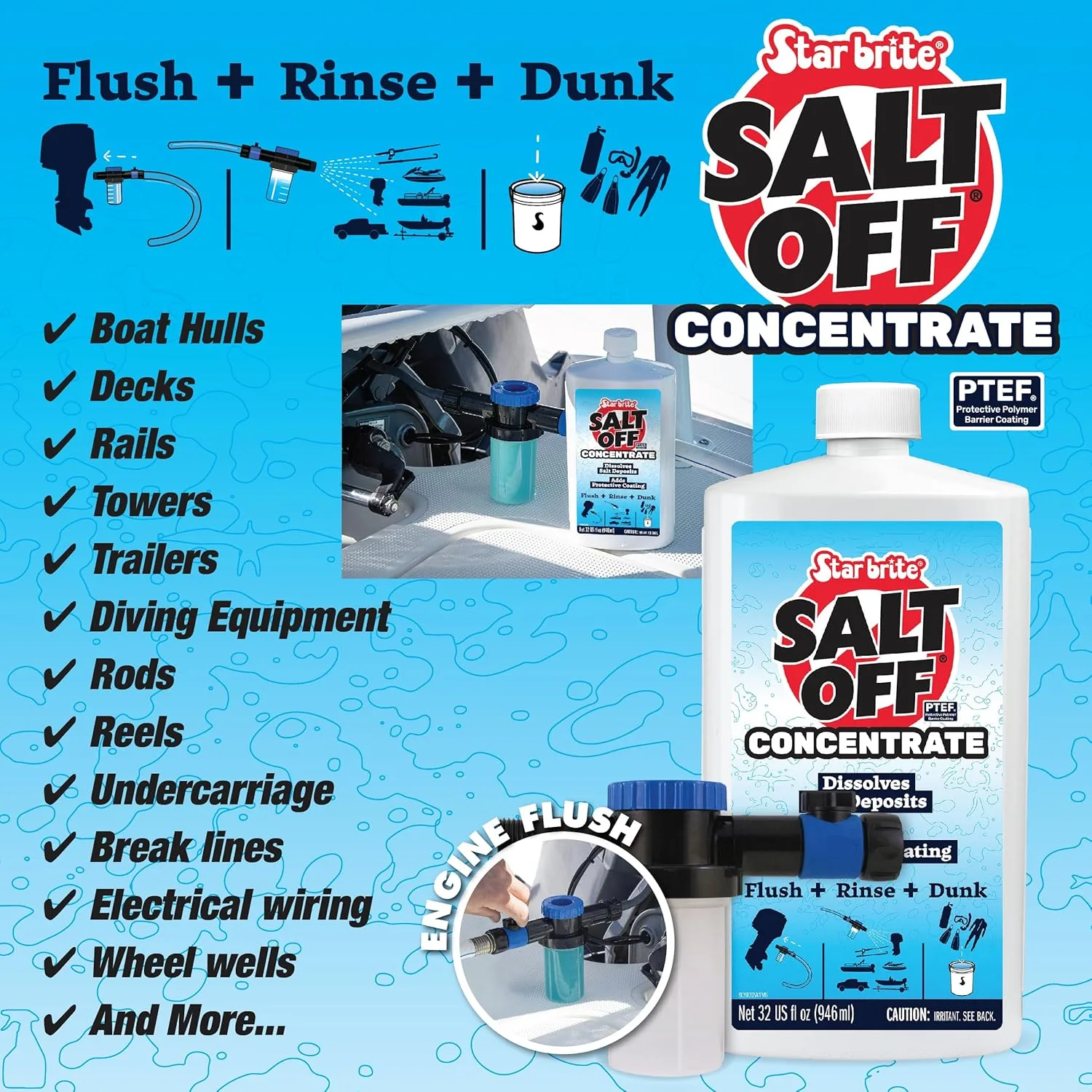 STAR BRITE Salt Off Kit – Applicator & 32 OZ Concentrate for Marine Engine Flush & Salt Removal on Boats, Trailers, Fishing Gear, Dive Equipment, and More 32 OZ Kit 32 Fl Oz (Pack of 1)