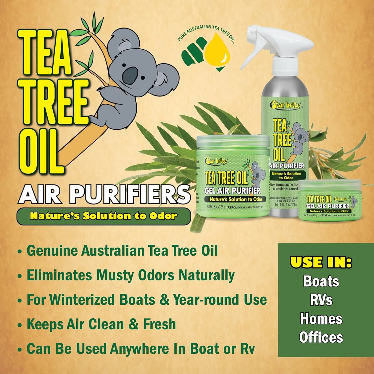 STAR BRITE Australian Tea Tree Oil Gel Air Purifier Tub - Odor Eliminator for Boats, RVs, Autos, Bathrooms & Offices 96504- 4 oz