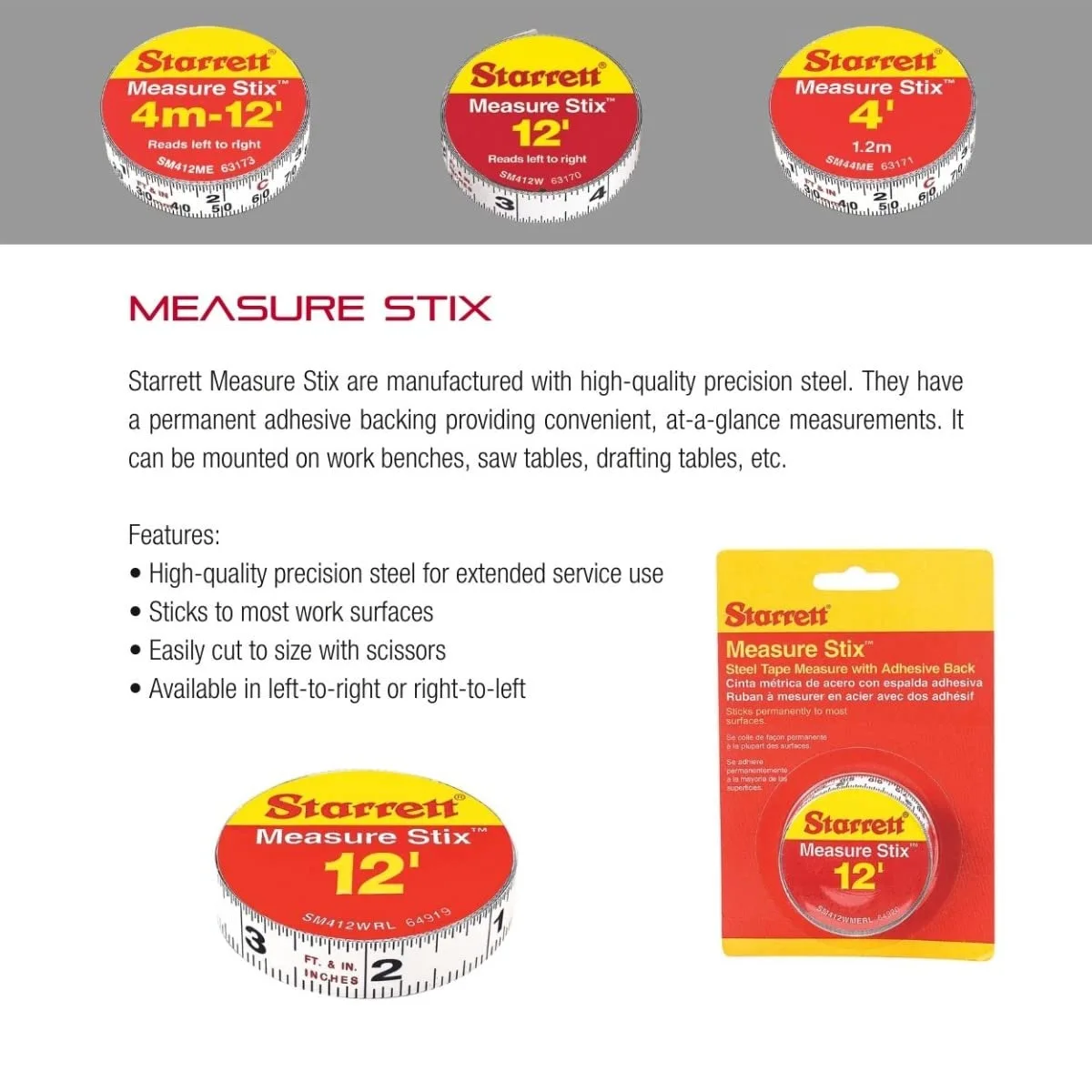 Starrett Tape Measure Stix with Adhesive Backing - Mount to Work Bench, Saw Table, Drafting Table - 1/2" x 12'