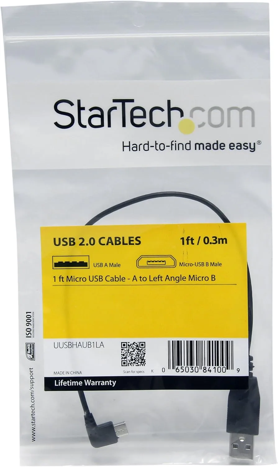 StarTech.com 1 ft. (0.3 m) USB to Micro USB Cable - USB 2.0 A to Left Angle Micro B - Black - Micro USB Cable (UUSBHAUB1LA)