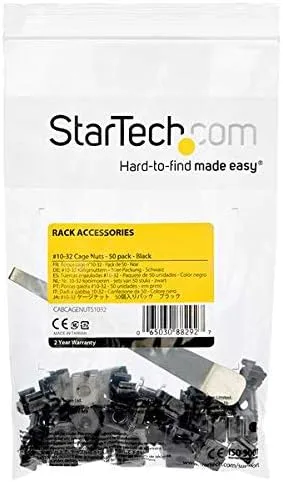 StarTech.com 10-32 Cage Nuts - 50 Pack - Rack Mount Clip Nuts - for Square Hole Server Rack - Black, TAA (CABCAGENUTS1032)