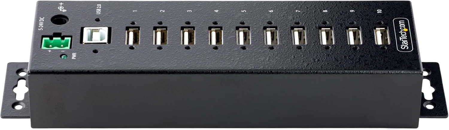 StarTech.com 10-Port Industrial USB 2.0 Hub, Rugged USB Hub withESD Level 4 Protection, DIN/Wall/Desk-Mountable USB-A Hub