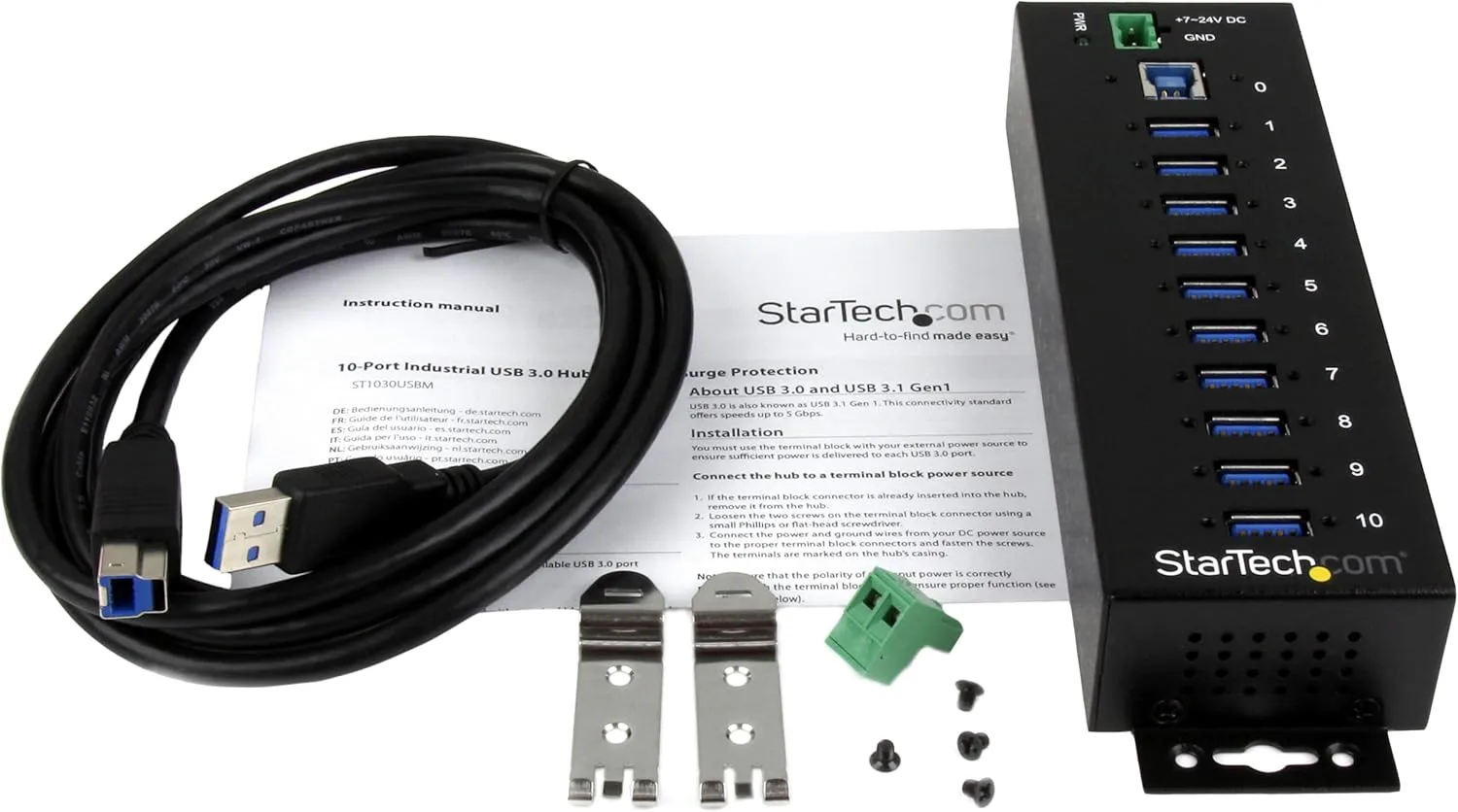 StarTech.com 10-Port USB 3.0 Hub - 5Gbps - Metal Industrial USB-A Hub with ESD & Surge Protection - Din Rail