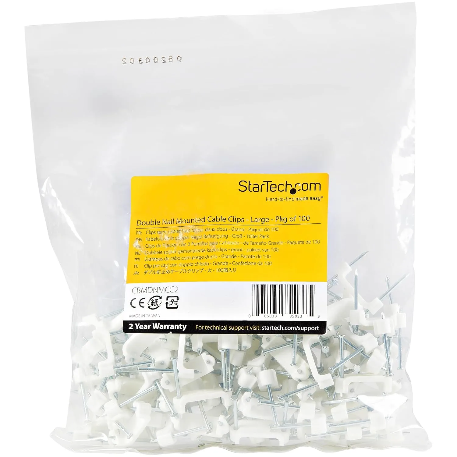 StarTech.com 100 Pack Cable Clips with Nails - Two Steel Nails - Reusable Nail-in Clamps - Brick/Drywall Cable Fasteners