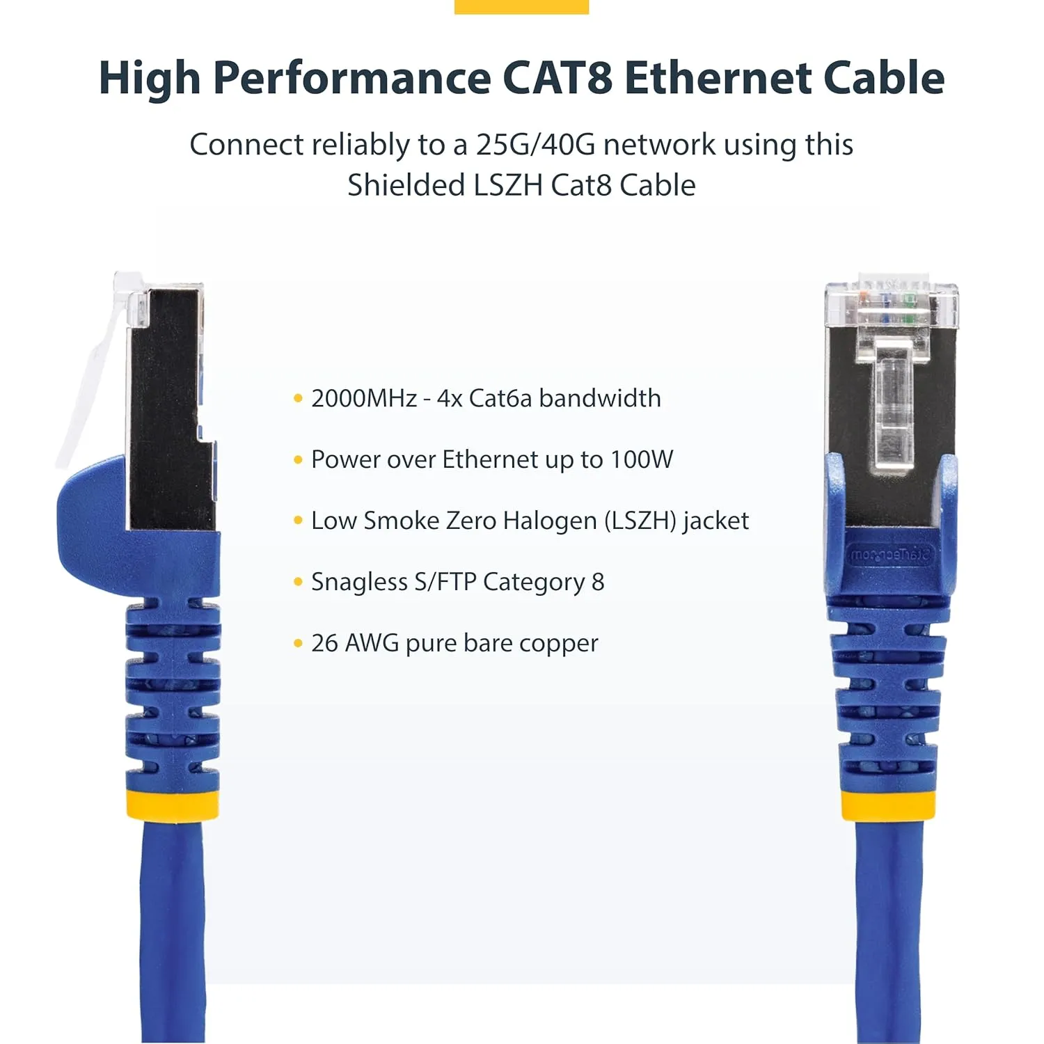 StarTech.com 1ft Blue CAT8 Ethernet Cable, Snagless RJ45, 25G/40G, 2000MHz, 100W PoE++, S/FTP, 26AWG Pure Bare Copper, LSZH