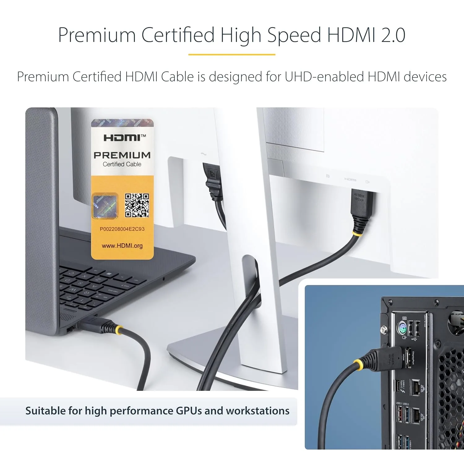 StarTech.com Premium Certified High Speed HDMI 2.0 Cable, 18Gbps, 4K 60Hz