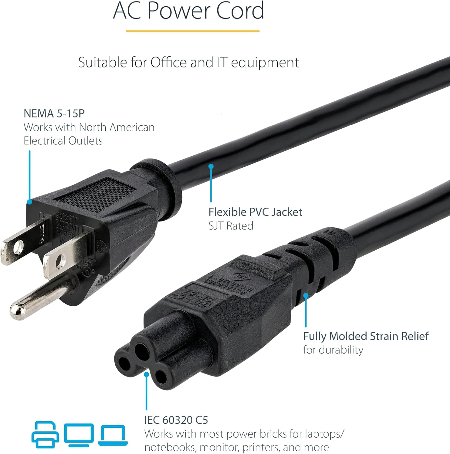 StarTech.com Laptop Power Cord NEMA 5-15P to IEC C5 18AWG 10A 125V