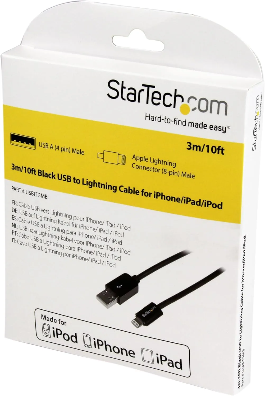 StarTech.com 3m (10ft) Long Black Apple® 8-pin Lightning Connector to USB Cable for iPhone / iPod / iPad