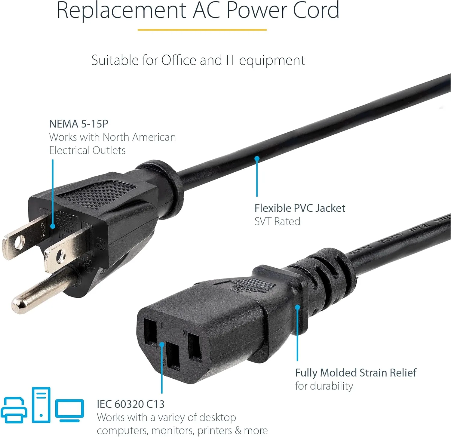 StarTech.com NEMA 5-15P to IEC 60320 C13 Computer Power Cord