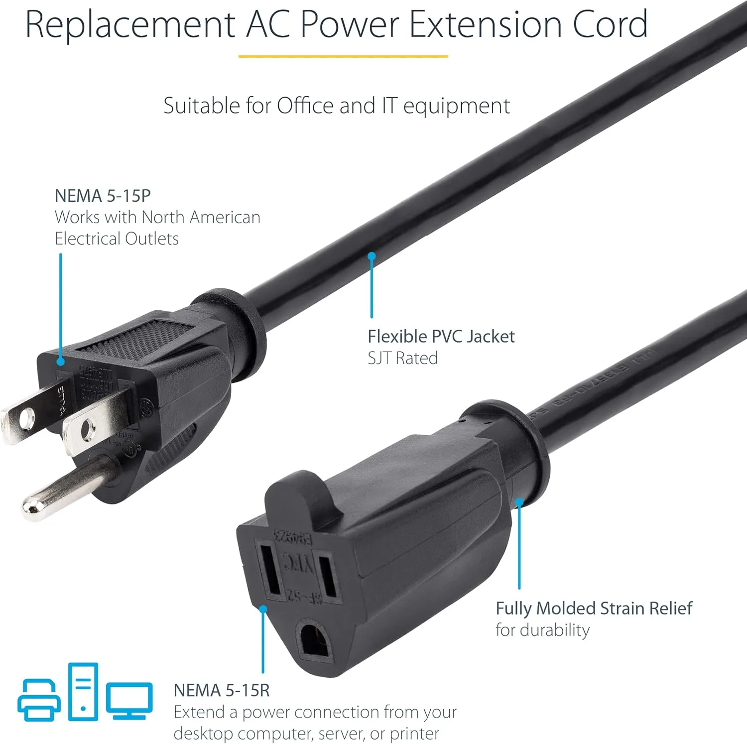 StarTech.com Power Extension Cord NEMA 5-15R to NEMA 5-15P