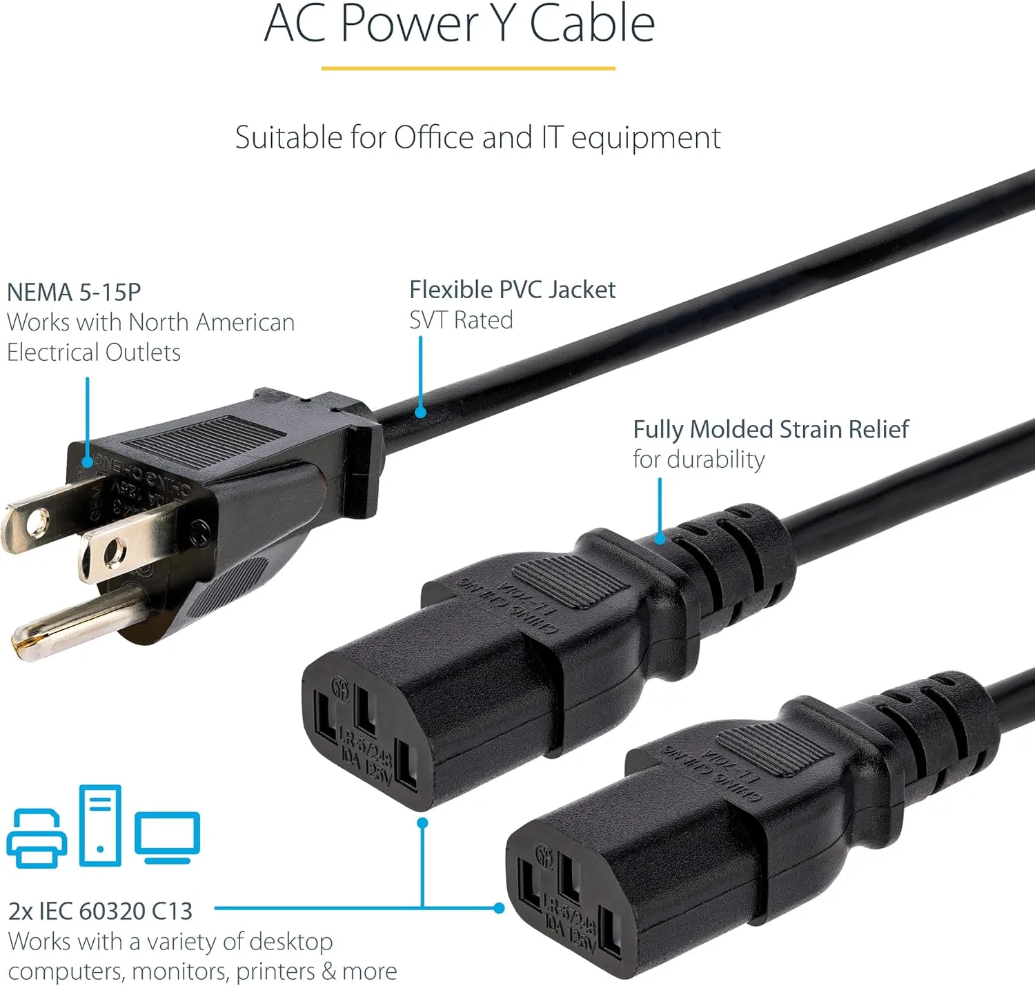 StarTech.com Computer Power Cord NEMA 5-15P to IEC C13 18AWG 125V 10A