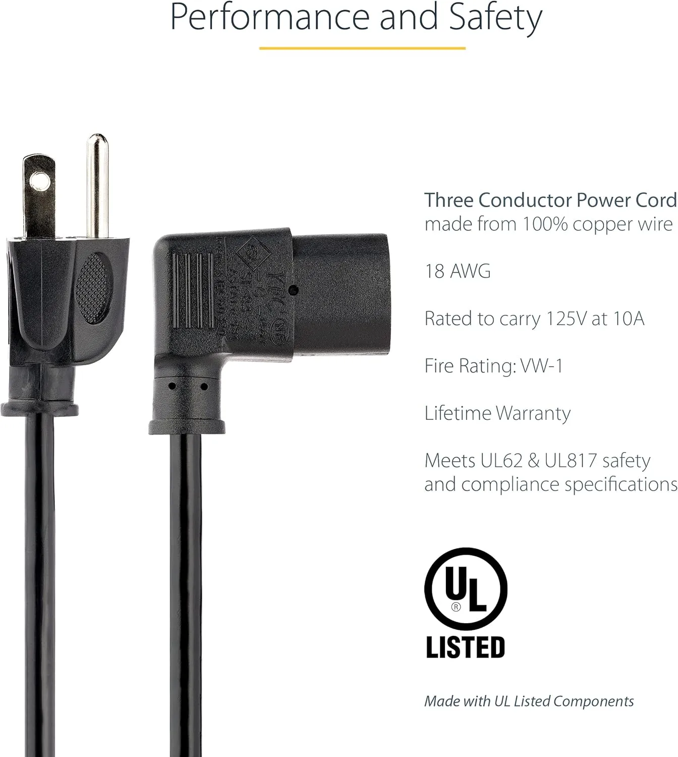 StarTech.com Computer Power Cord NEMA 5-15P to IEC C13 18AWG 125V 10A